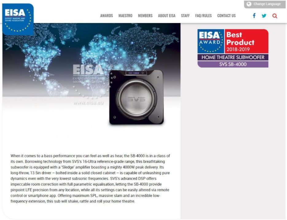 美国SVSound新品SB-4000荣获EISA年度最佳低音炮产品大奖 20221124080846787
